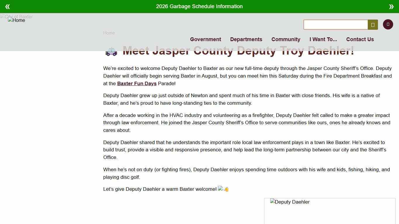 🚓 Meet Jasper County Deputy Troy Daehler! City of Baxter, IA